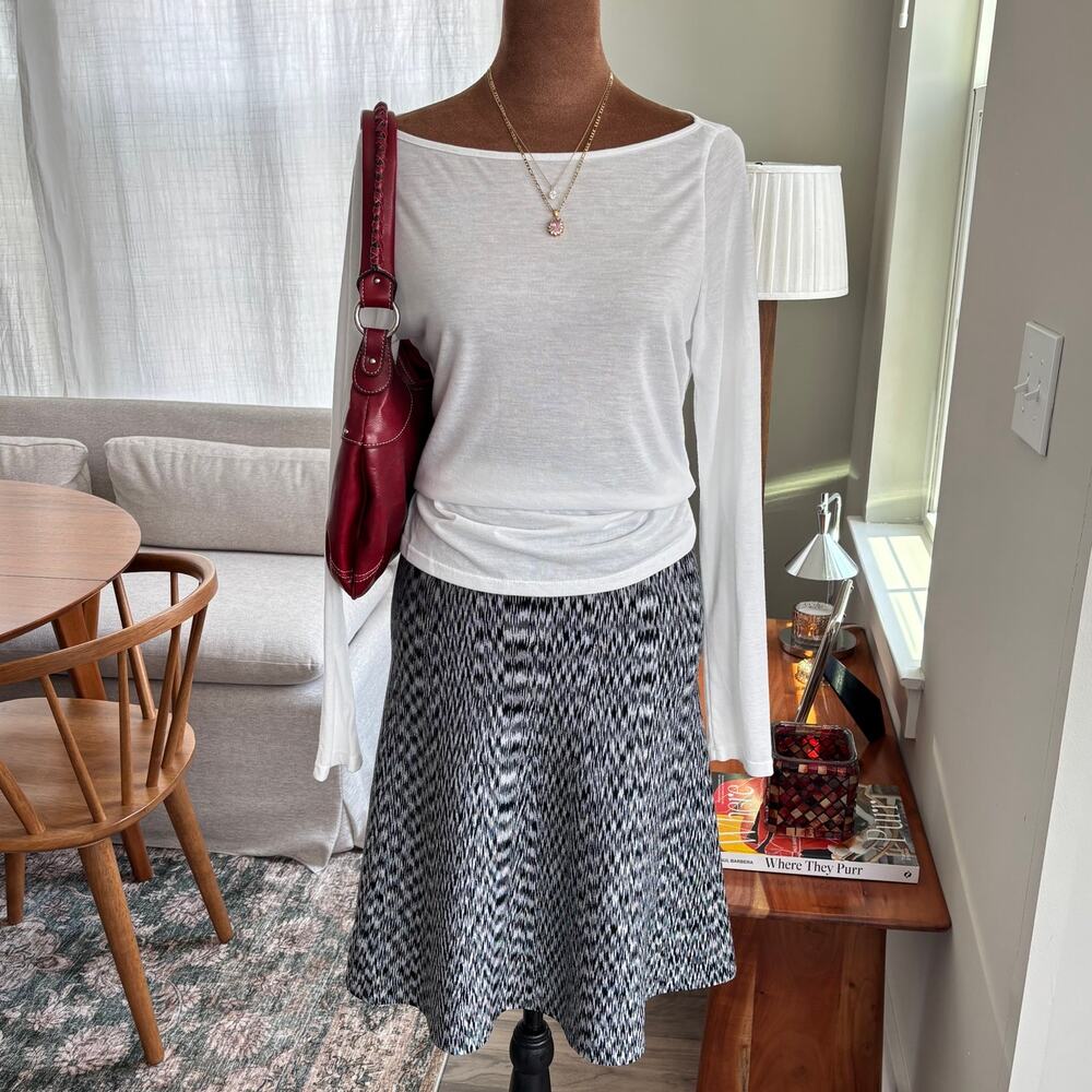 Sandro Paris Black White Geometric Jacquard Knit Flared Midi Skirt Size‎ 2